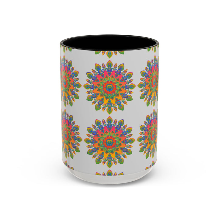 Colorful mandala mug featuring vibrant, intricate art on a grey background