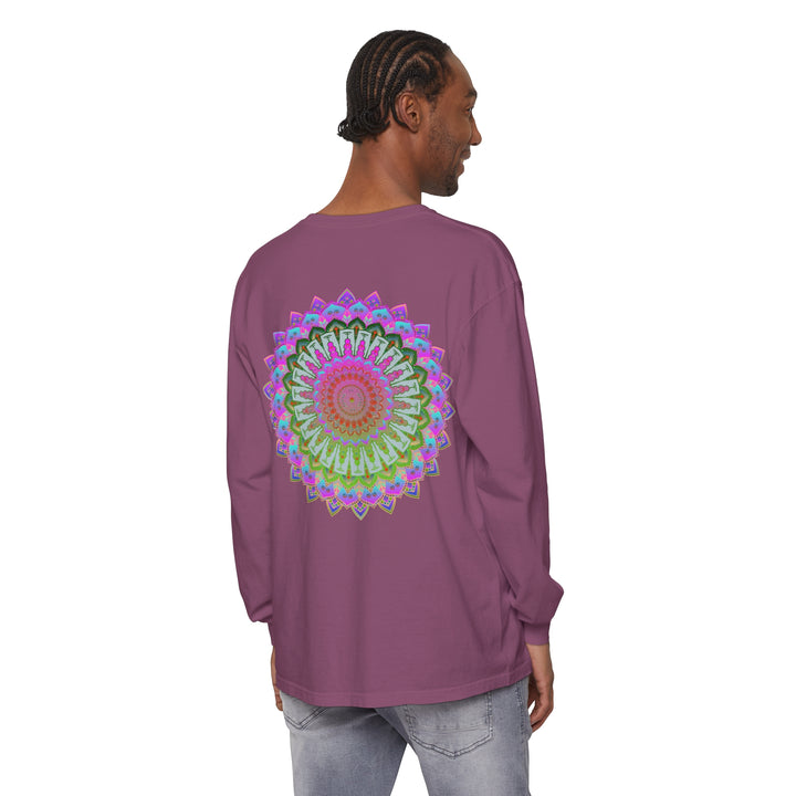 Colorful, intricate mandala design featured on a unisex long sleeve t-shirt