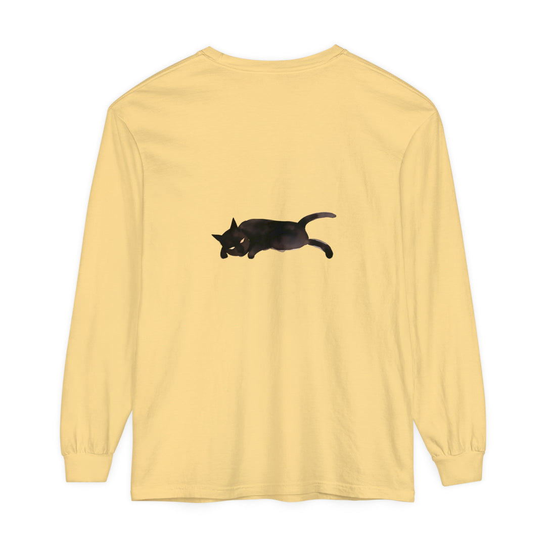 Black cat sleeping peacefully on a unisex long sleeve t-shirt