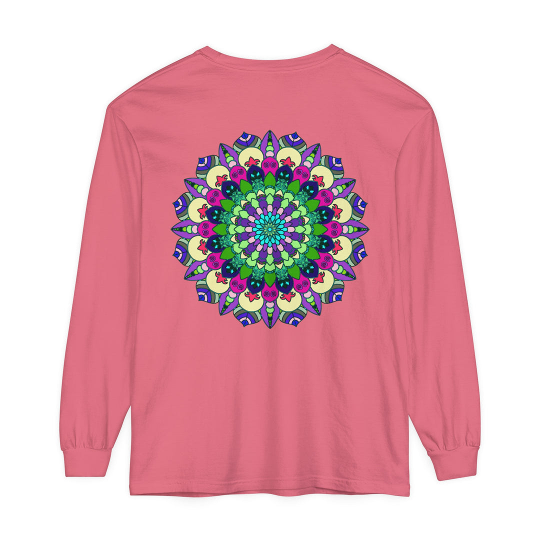 Vibrant mandala long sleeve t-shirt featuring intricate design, perfect for all genders