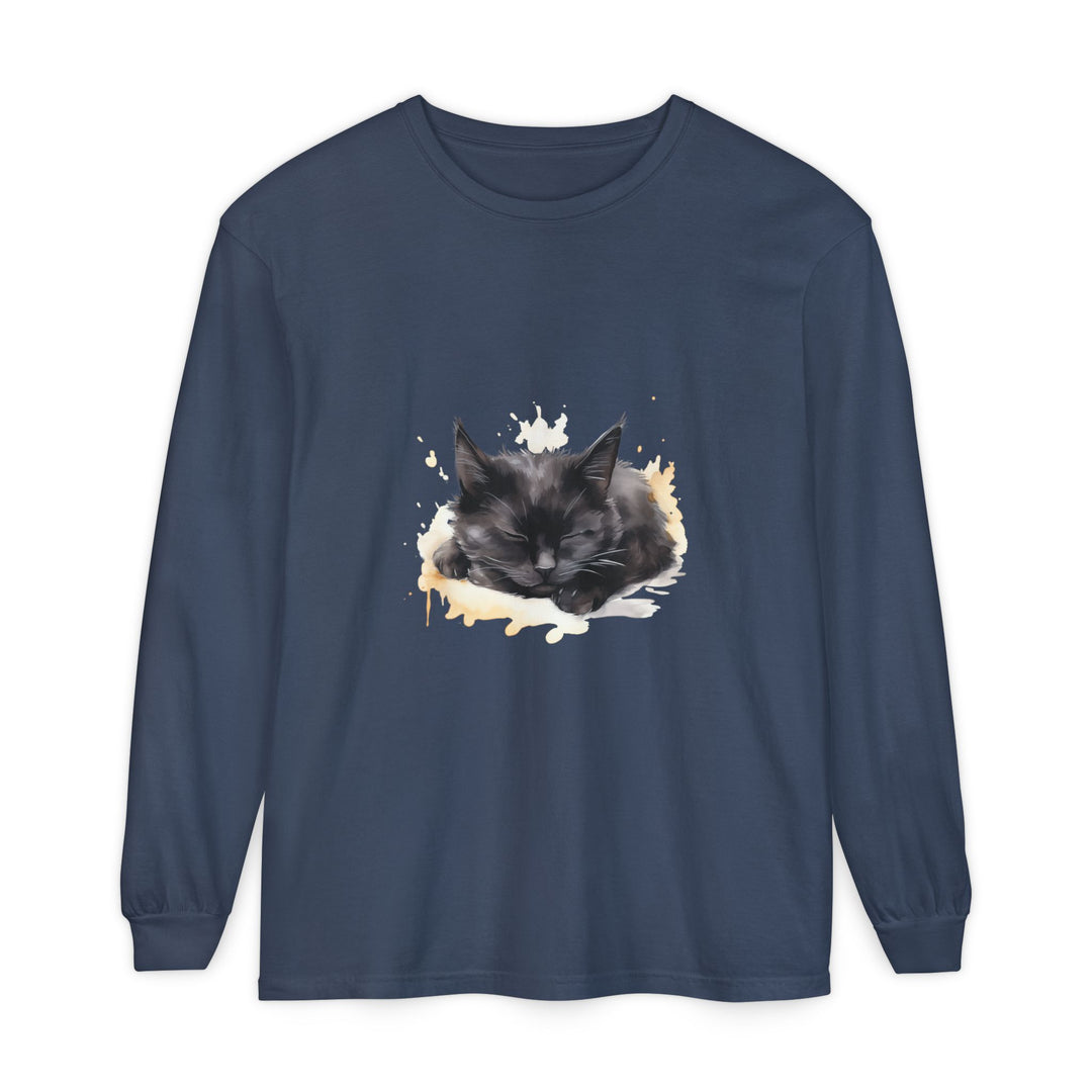 Langarm-T-Shirt mit Aquarellmotiv „Schlafende Katze“