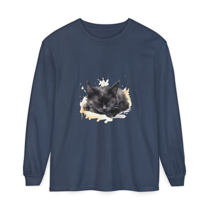Langarm-T-Shirt mit Aquarellmotiv „Schlafende Katze“