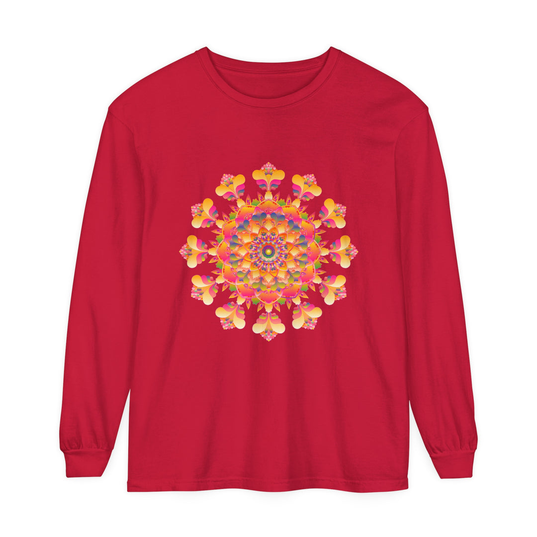 Colorful and intricate mandala design on a long sleeve unisex t-shirt