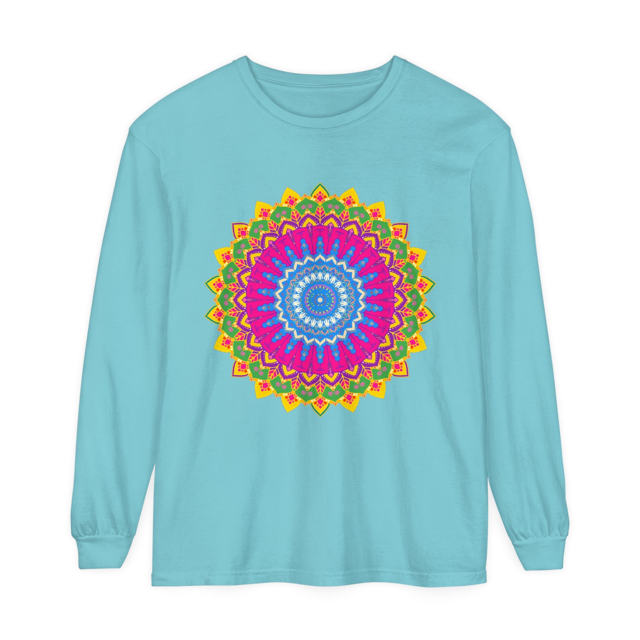 Colorful and intricate mandala design on a unisex long sleeve t-shirt
