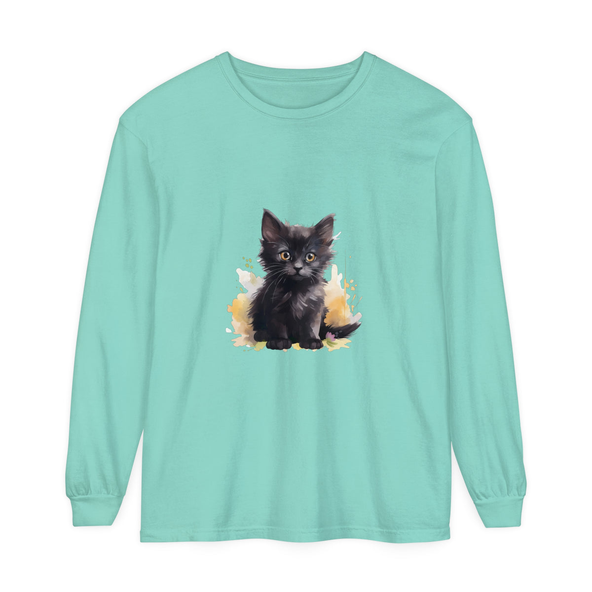 Black Kitten Watercolor Splash T-Shirt: A cute and stylish graphic tee featuring a playful black kitten surrounded by colorful watercolor splashes