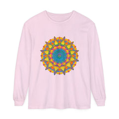 Colorful and intricate mandala design featured on vibrant unisex long sleeve t-shirt