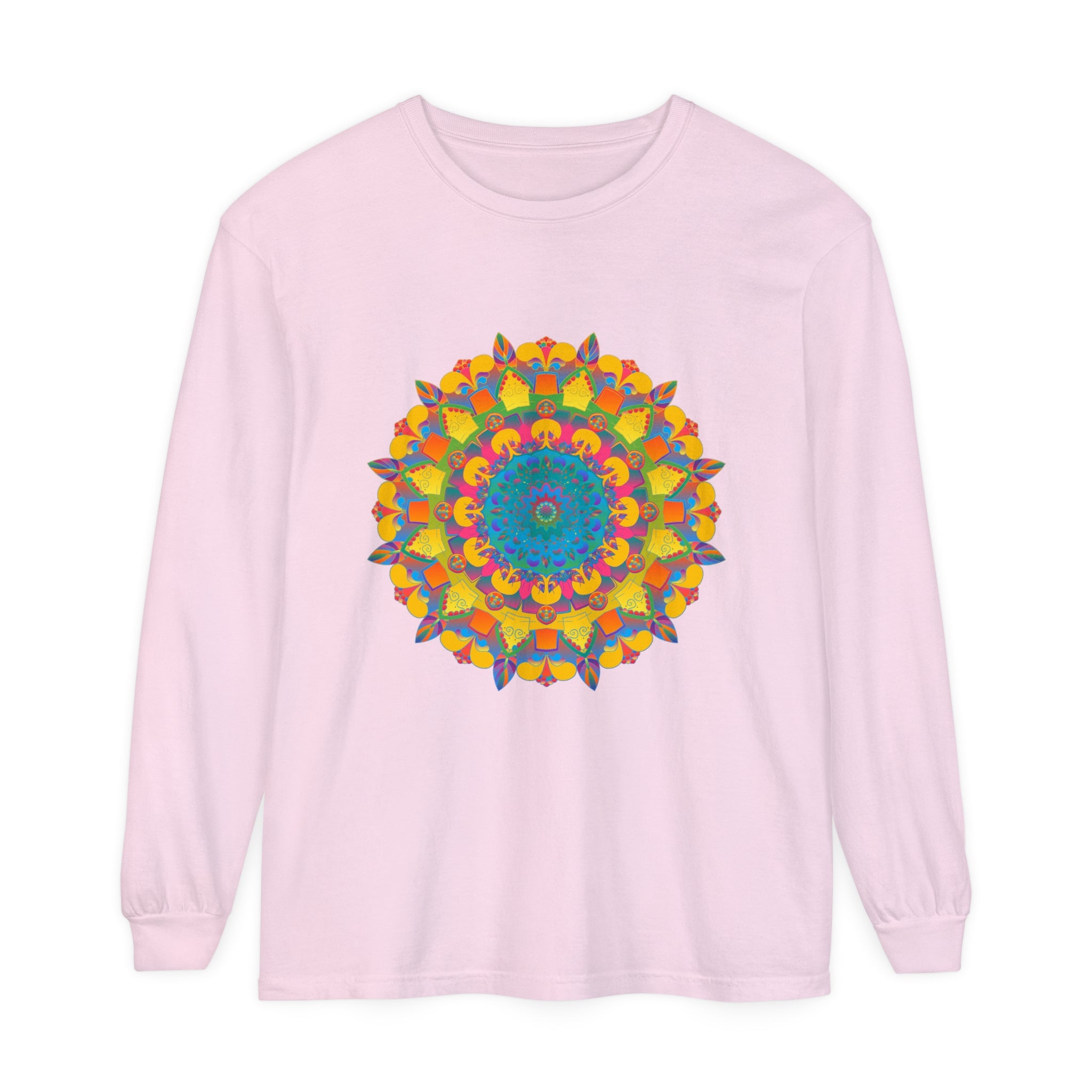 Colorful and intricate mandala design featured on vibrant unisex long sleeve t-shirt