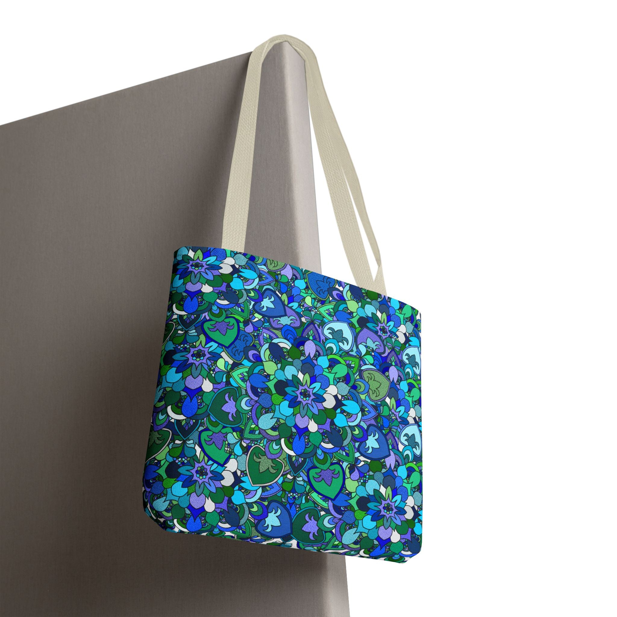 Blue Green Floral Mandala Tote Bag — Vibrant All-Over-Print Shopper