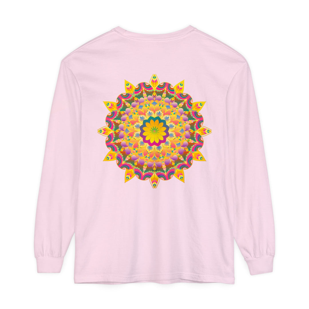 Colorful and intricate psychedelic mandala design featured on a long sleeve t-shirt