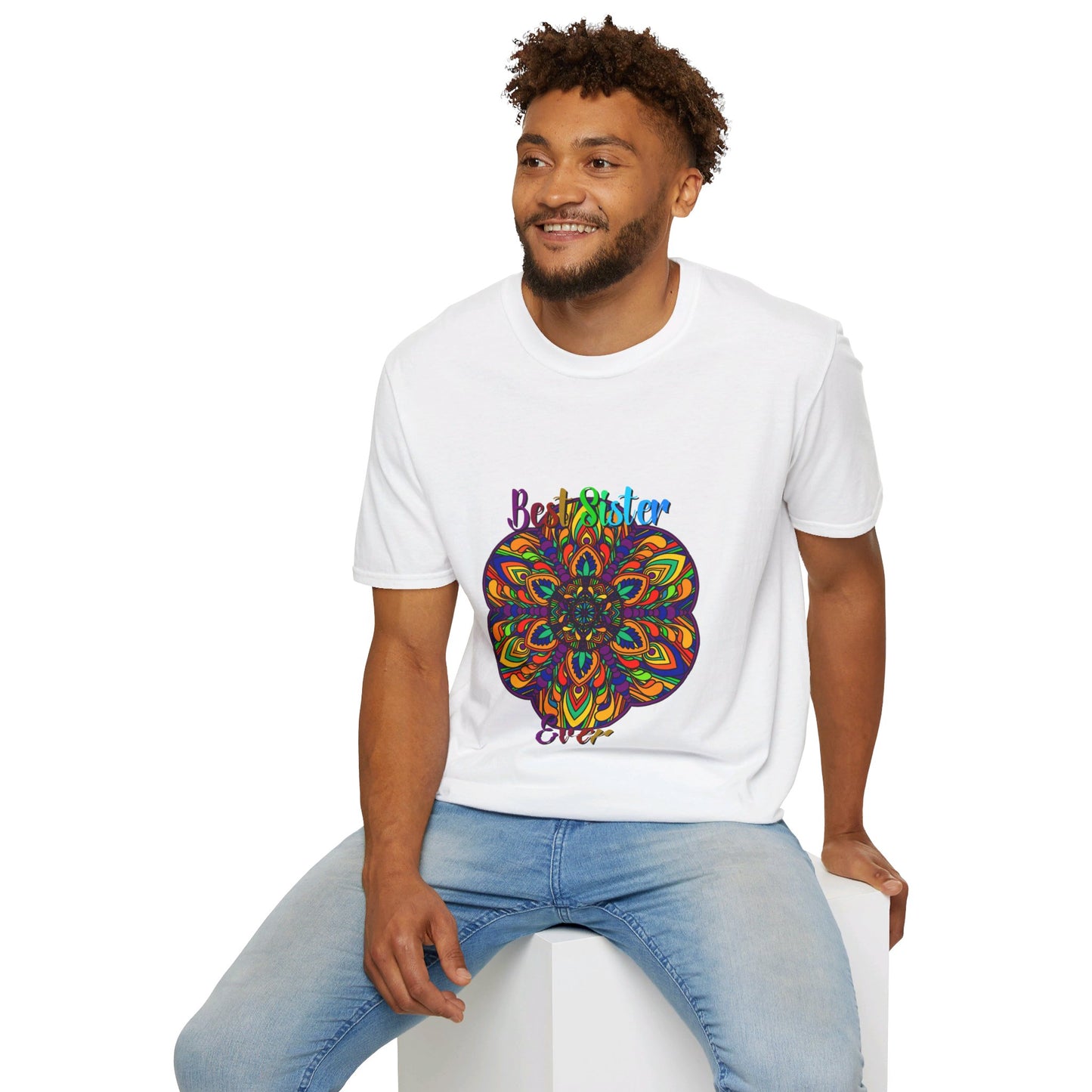 Softstyle t-shirt featuring a hand-drawn mandala art design, perfect as a unisex gift for your sister