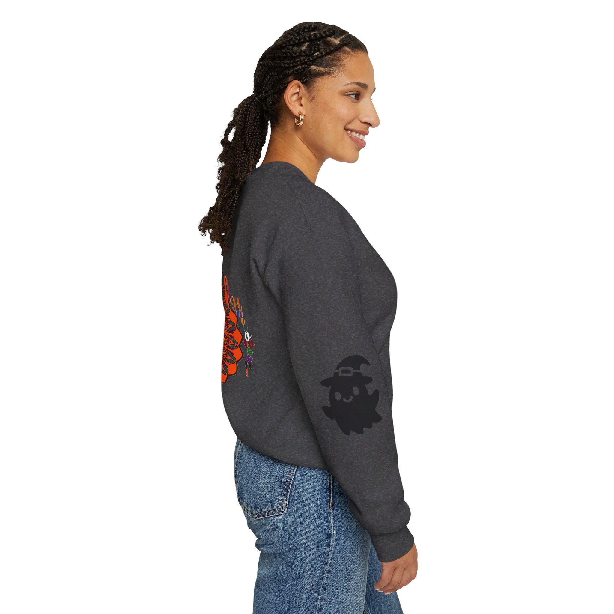 Elegant and distinctive unisex crewneck sweatshirt with ghost mandala graphic