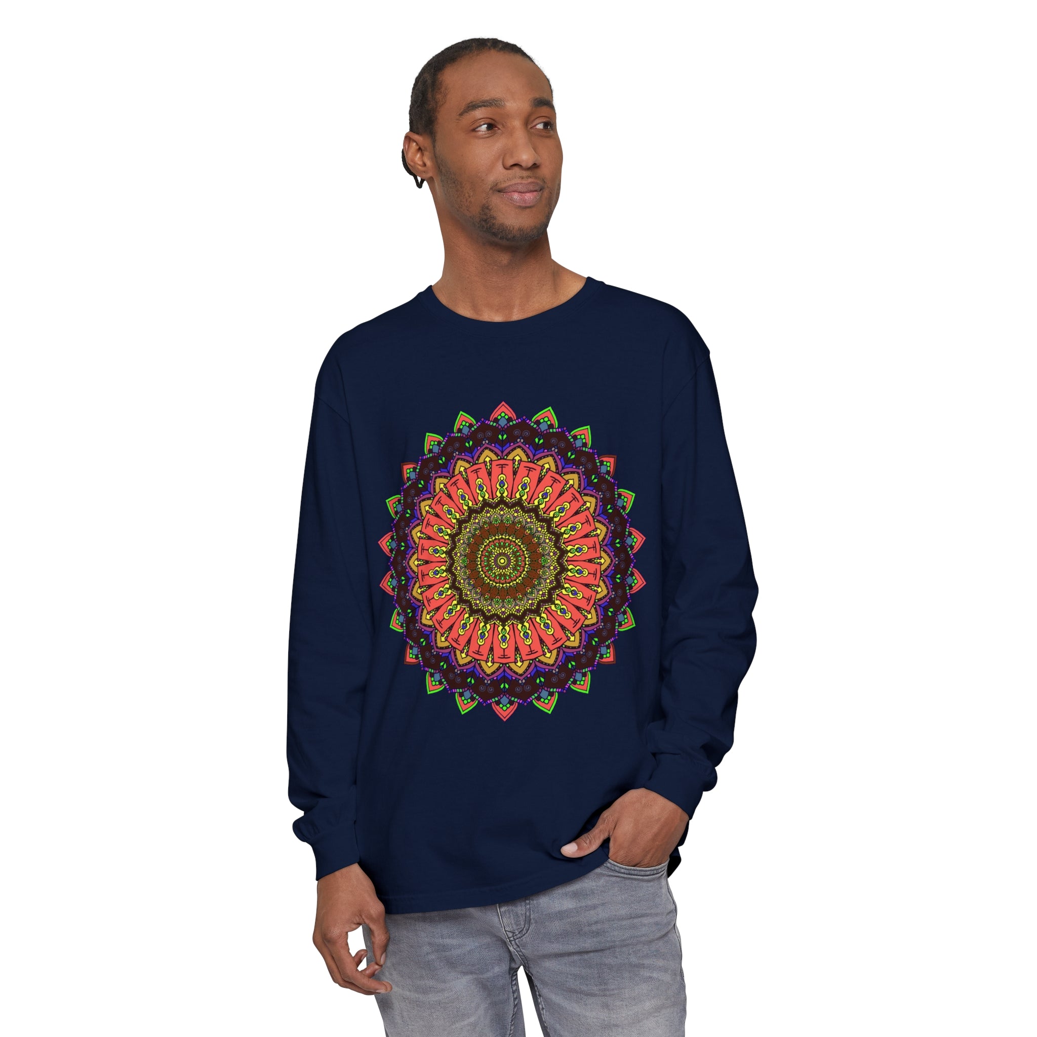 A vibrant and detailed mandala design long sleeve t-shirt in various colors