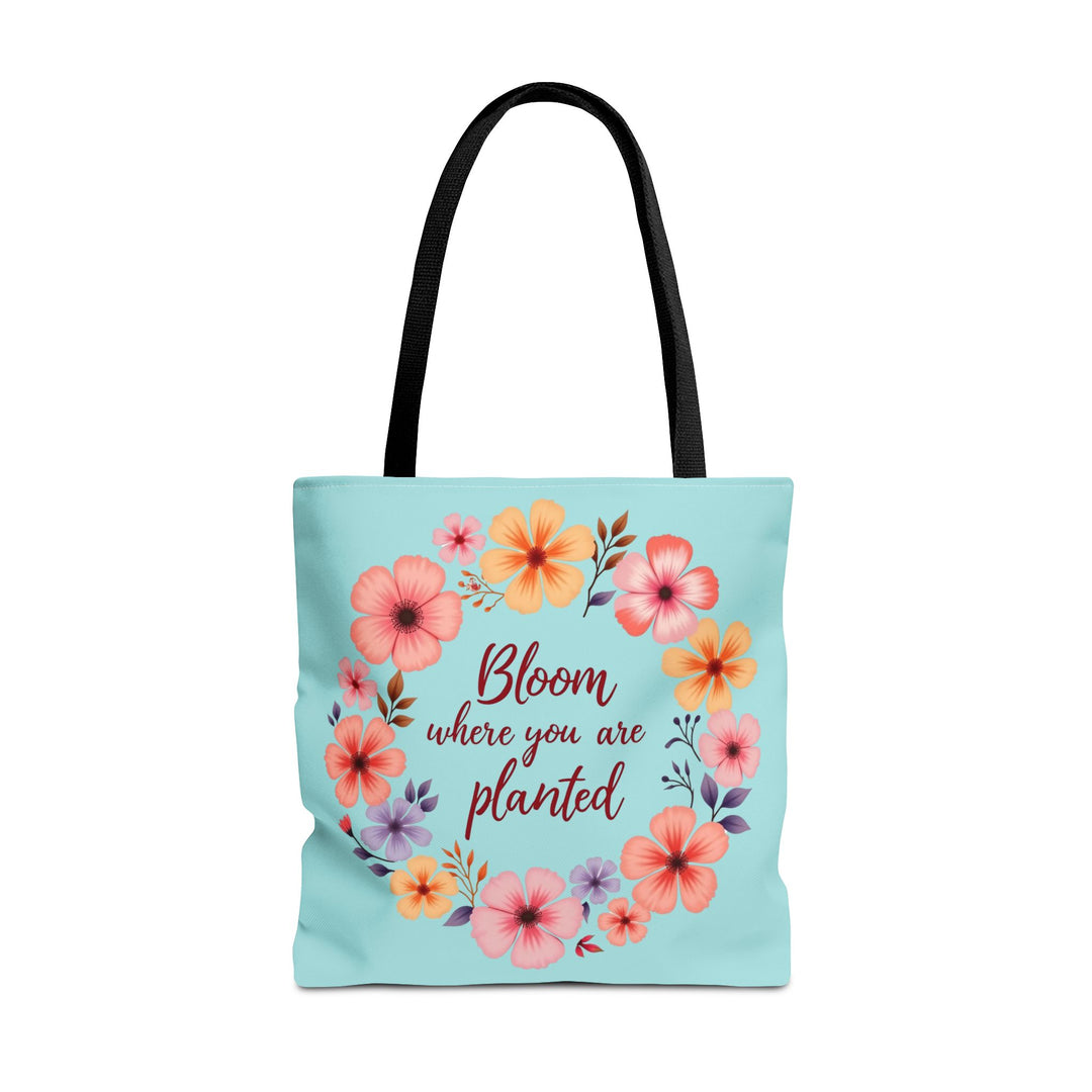 Floral Tote Bag featuring the phrase 'Bloom Where You Are Planted', available in 3 sizes, perfect for carrying all your essentials in style