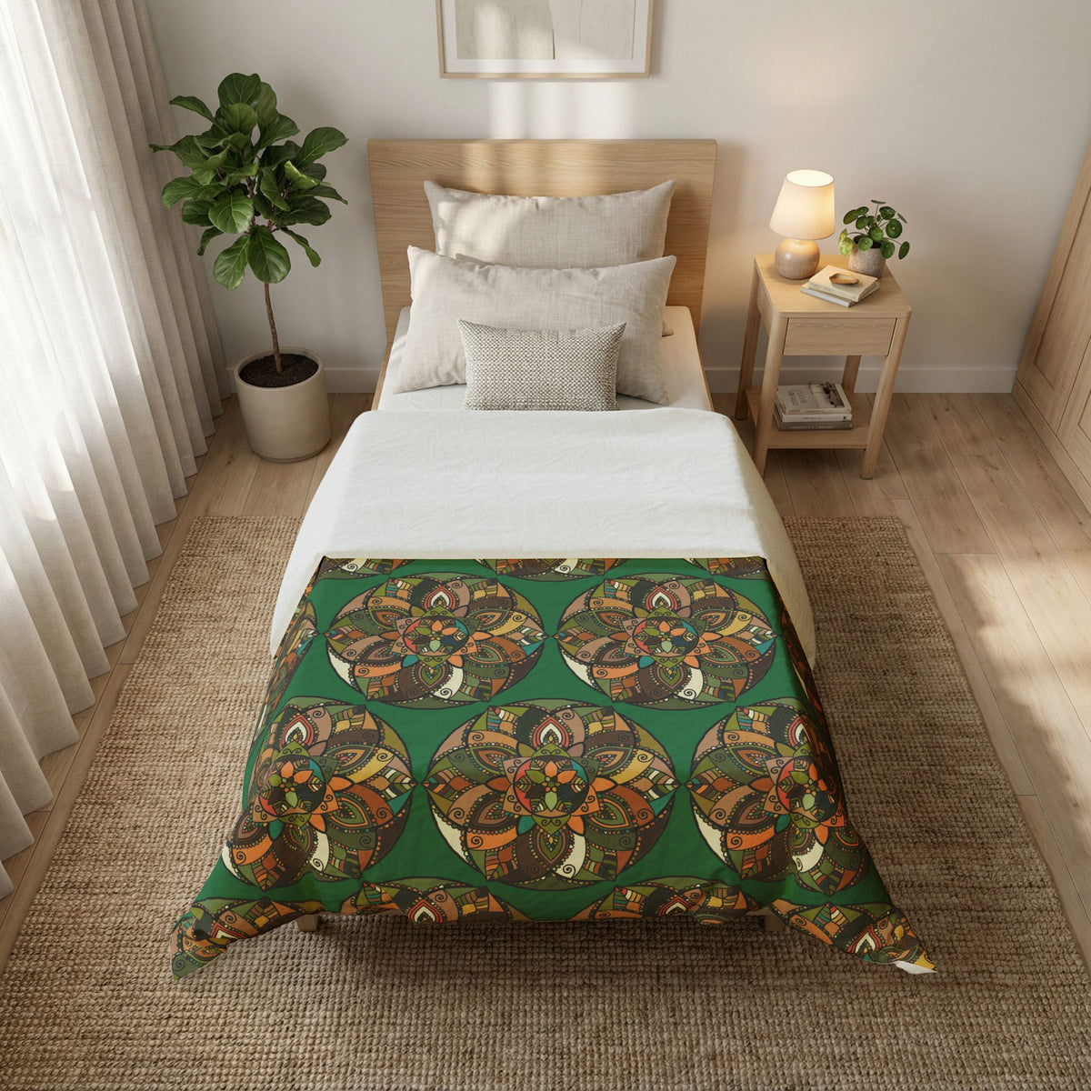 Bohemian Mandala Cotton Duvet Cover — Green Floral Geometric Bedding