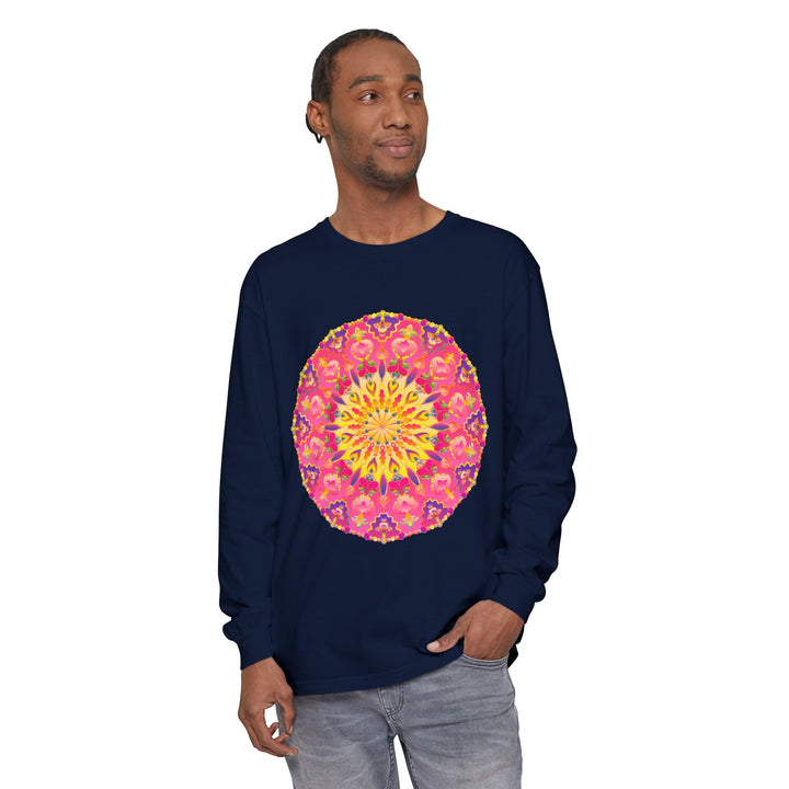 Vibrant Mandala Unisex Long Sleeve T-Shirt featuring a colorful and intricate mandala design