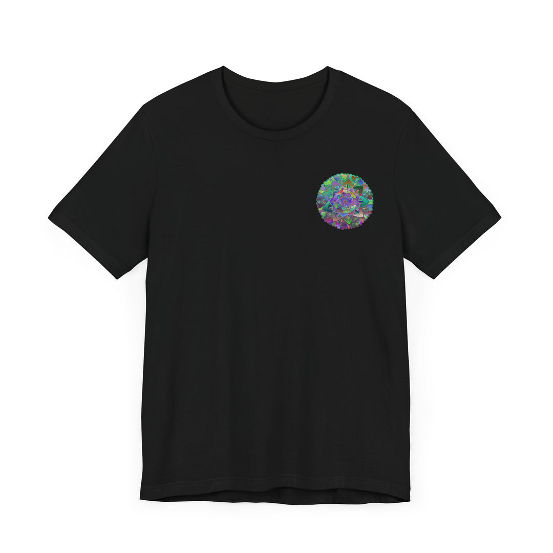 A colorful and intricate mandala design adorns this vibrant t-shirt, symbolizing spiritual peace and harmony