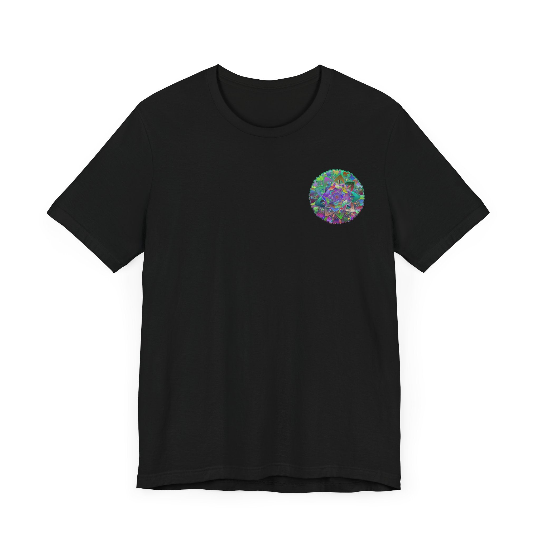 A colorful and intricate mandala design adorns this vibrant t-shirt, symbolizing spiritual peace and harmony