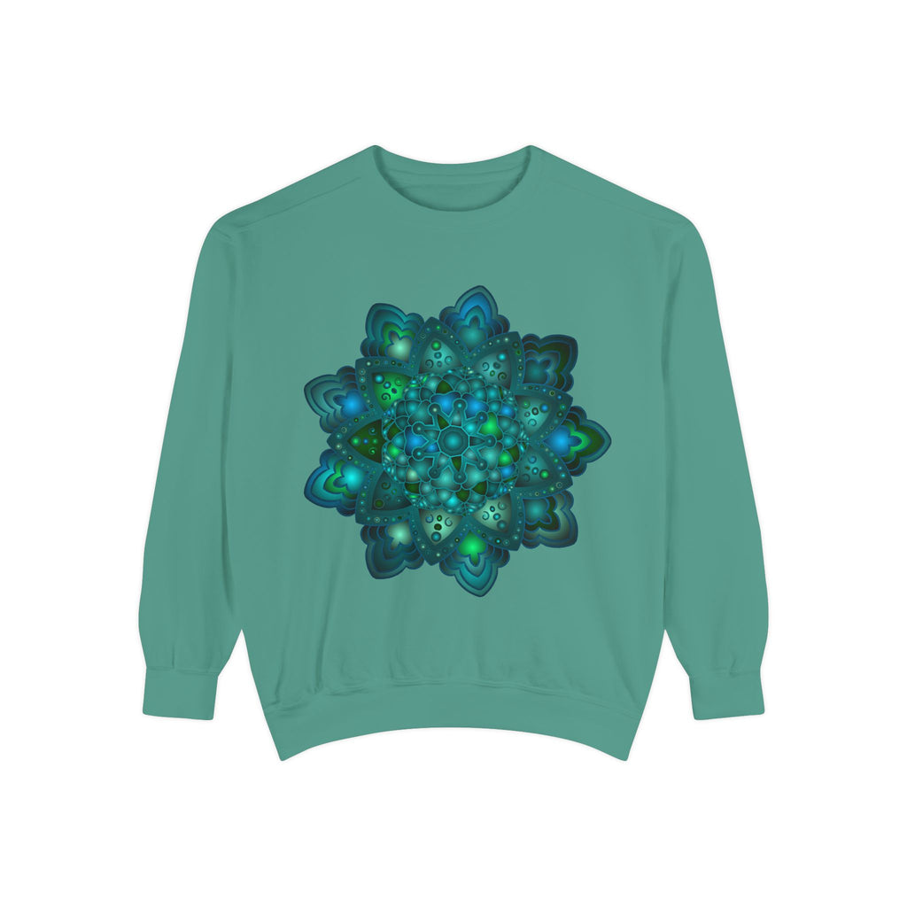 Beautiful blue and green mandala sweatshirt with intricate and detailed design