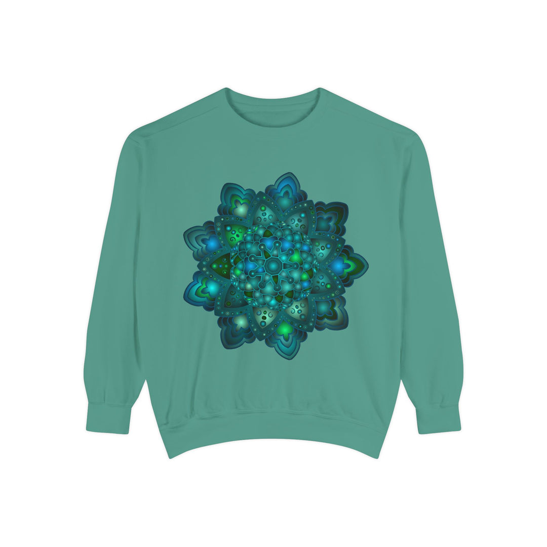 Beautiful blue and green mandala sweatshirt with intricate and detailed design