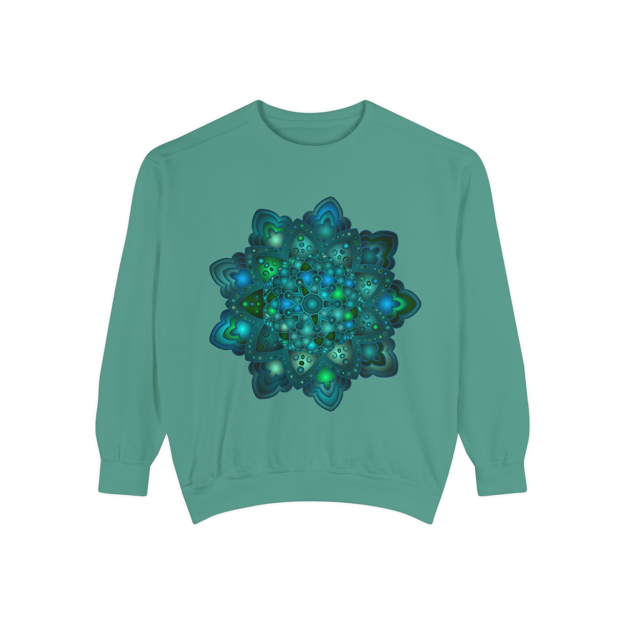 Beautiful blue and green mandala sweatshirt with intricate and detailed design