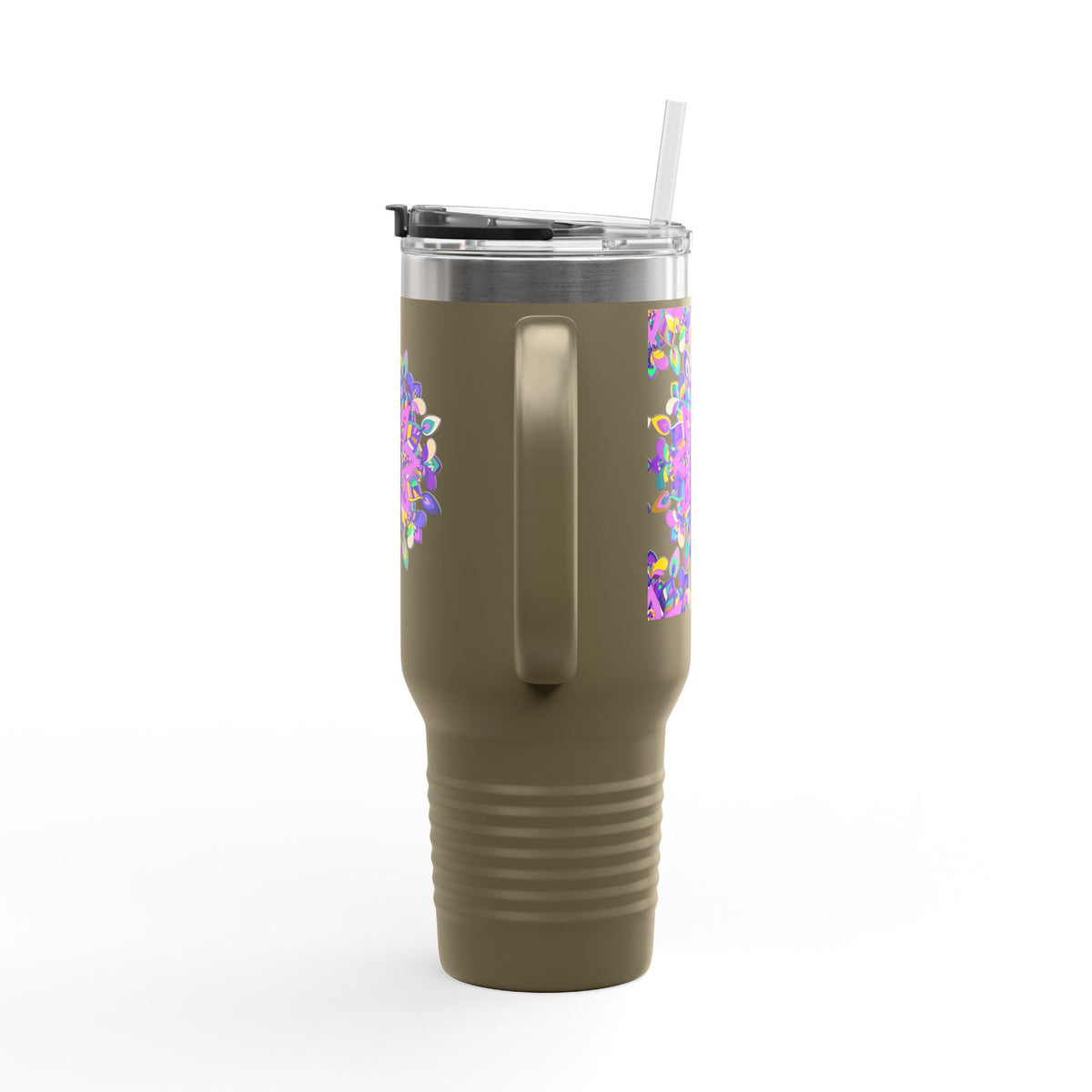 40oz Insulated Travel Mug — Purple Floral Mandala Design
