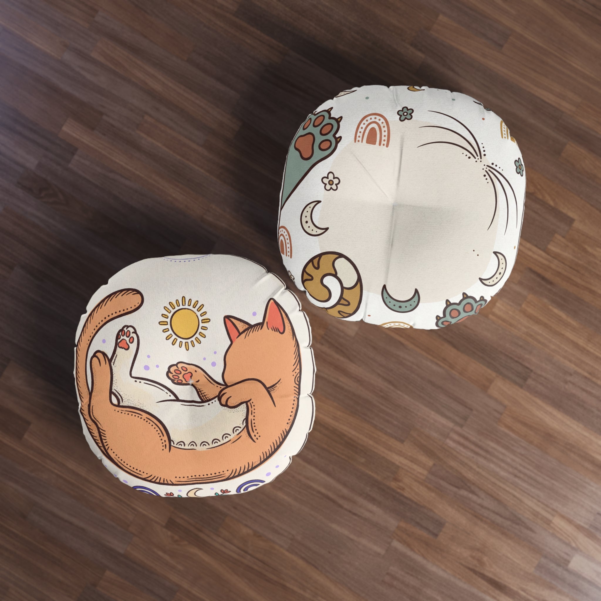 Curled Cat Boho Round Floor Pillow