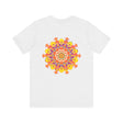A person wearing the Vibrant Mandala Tee while engaging in yoga, finding inner peace and strength