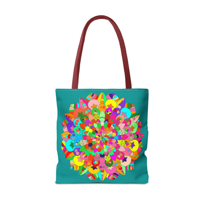 Vibrant and intricate mandala art design on a spacious acquamarine tote bag