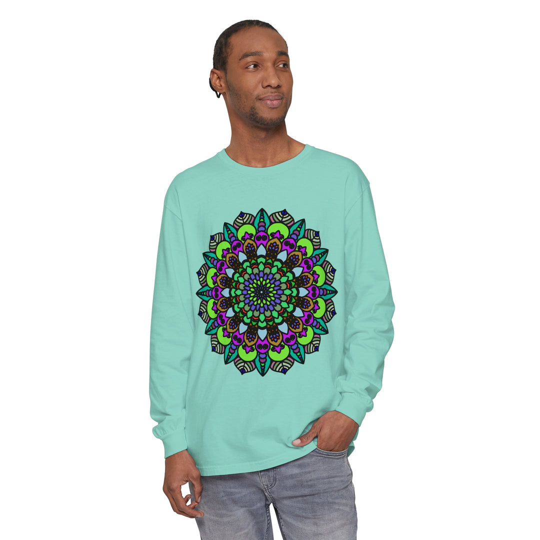 Vibrant and colorful unisex long sleeve t-shirt featuring a psychedelic mandala design