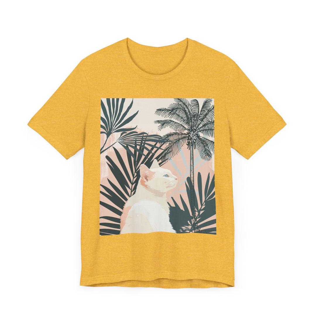 Stylish cat graphic tee with a tropical palm leaf print