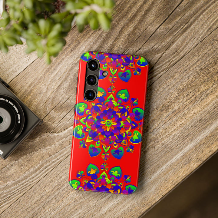 Hand drawn mandala art in red and black design, perfect for a phone case