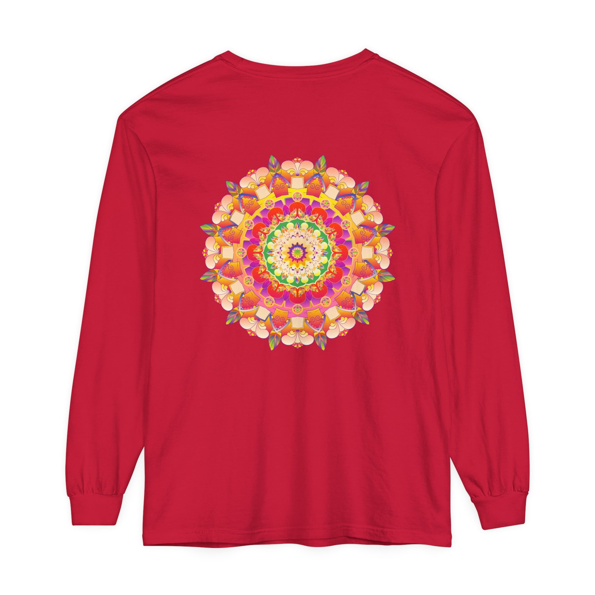 Vibrant Mandala Unisex Long Sleeve T-Shirt, featuring colorful and intricate mandala design