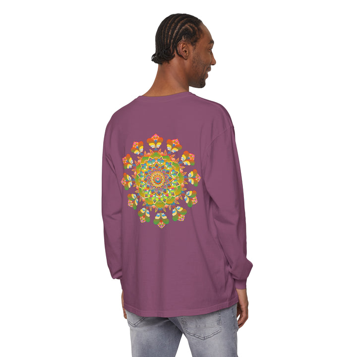 Colorful long sleeve t-shirt featuring a vibrant mandala design, perfect for adding a pop of artistic style to your wardrobe