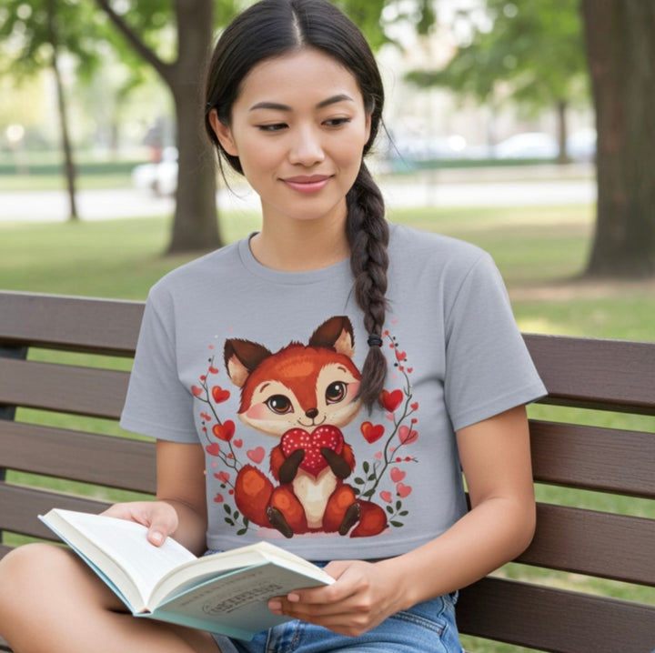Cute Fox Heart Crop Top – White Cotton Graphic Tee