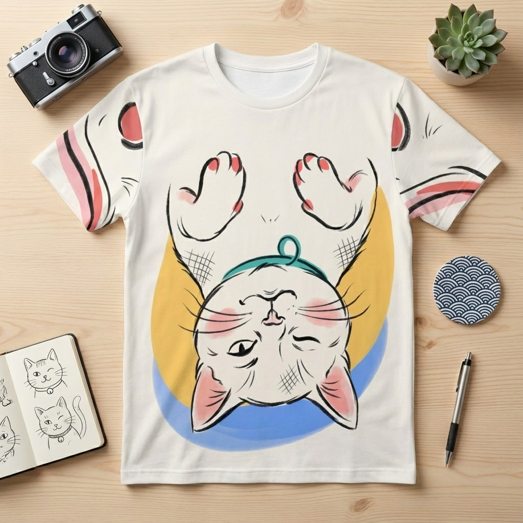 Pink coral Introvert Cat Tee in cropped cozy line art, flatlay in a lifestyle studio with soft shadows; features a slyly amused, quietly confident line-drawn cat on a light background.