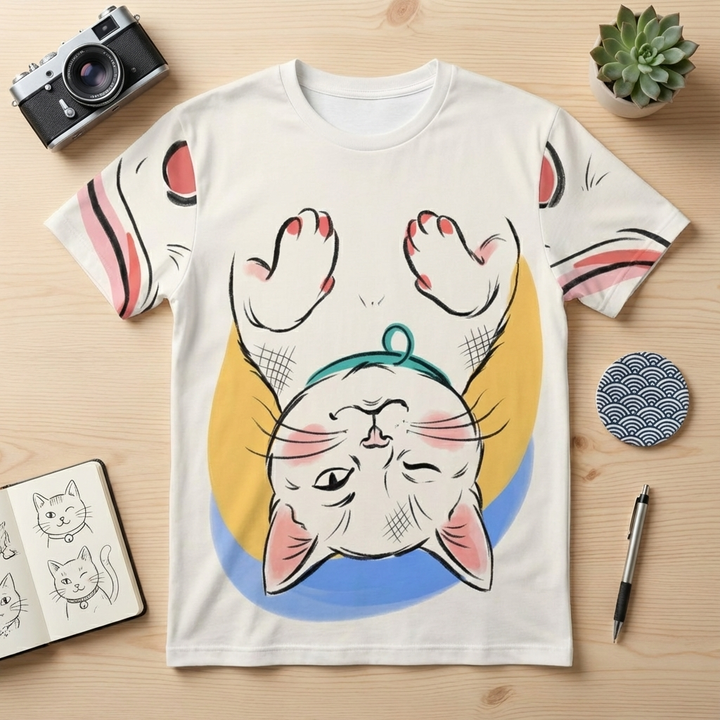 Pink coral Introvert Cat Tee in cropped cozy line art, flatlay in a lifestyle studio with soft shadows; features a slyly amused, quietly confident line-drawn cat on a light background.