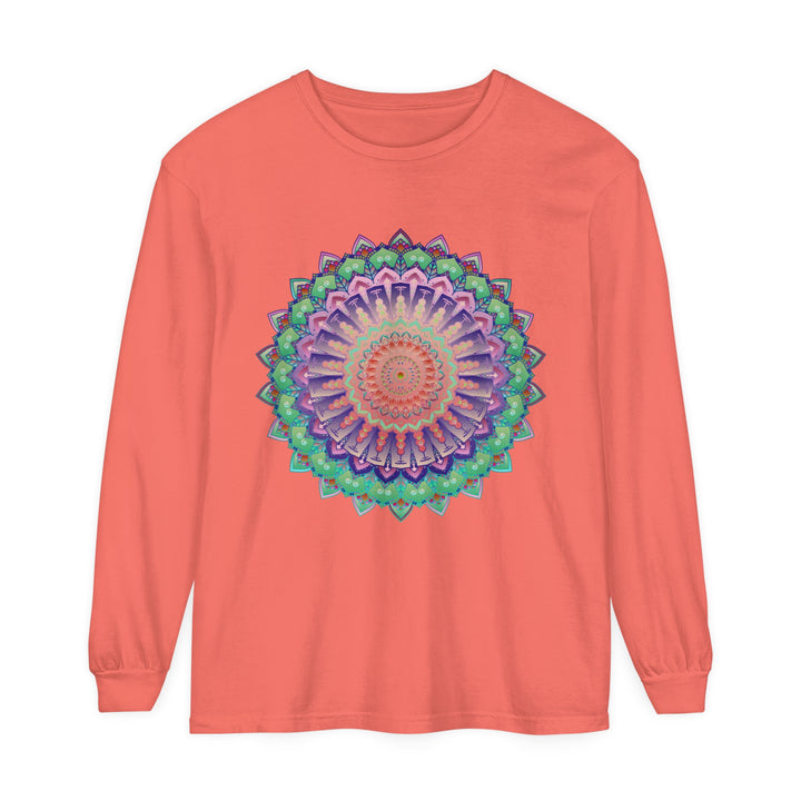 Colorful and eye-catching unisex long sleeve T-shirt featuring a vibrant mandala design