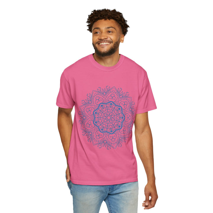 Colorful and intricate mandala art design featured on a unisex garment-dyed tee, handmade and unique