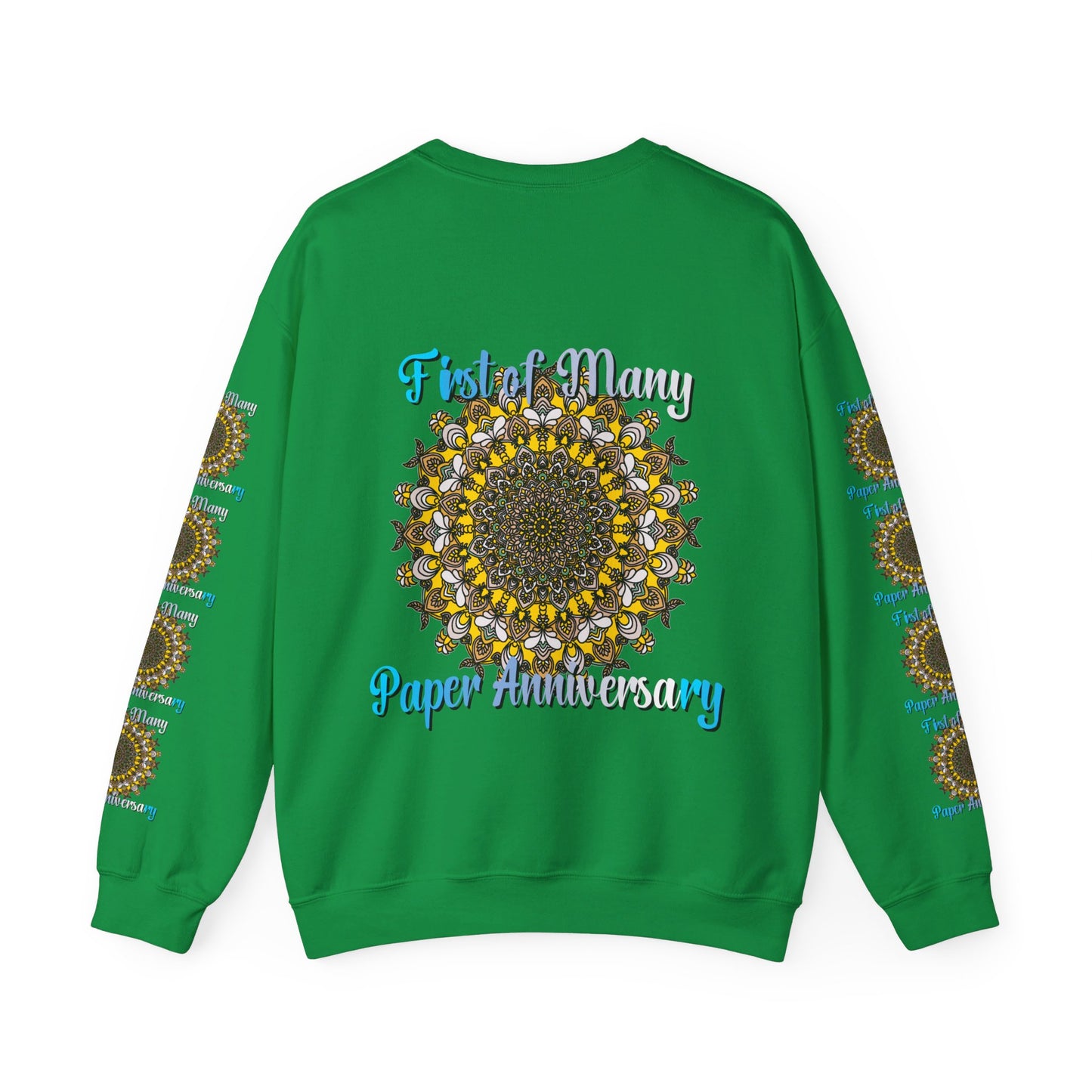 Unisex Heavy Blend™ Crewneck Sweatshirt commemorating the first year wedding anniversary with the quote 'First of Many, Paper Anniversary' printed on it, a thoughtful and meaningful gift for the special occasion