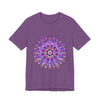 A stylish purple and gold mandala tee featuring intricate spiritual art designs