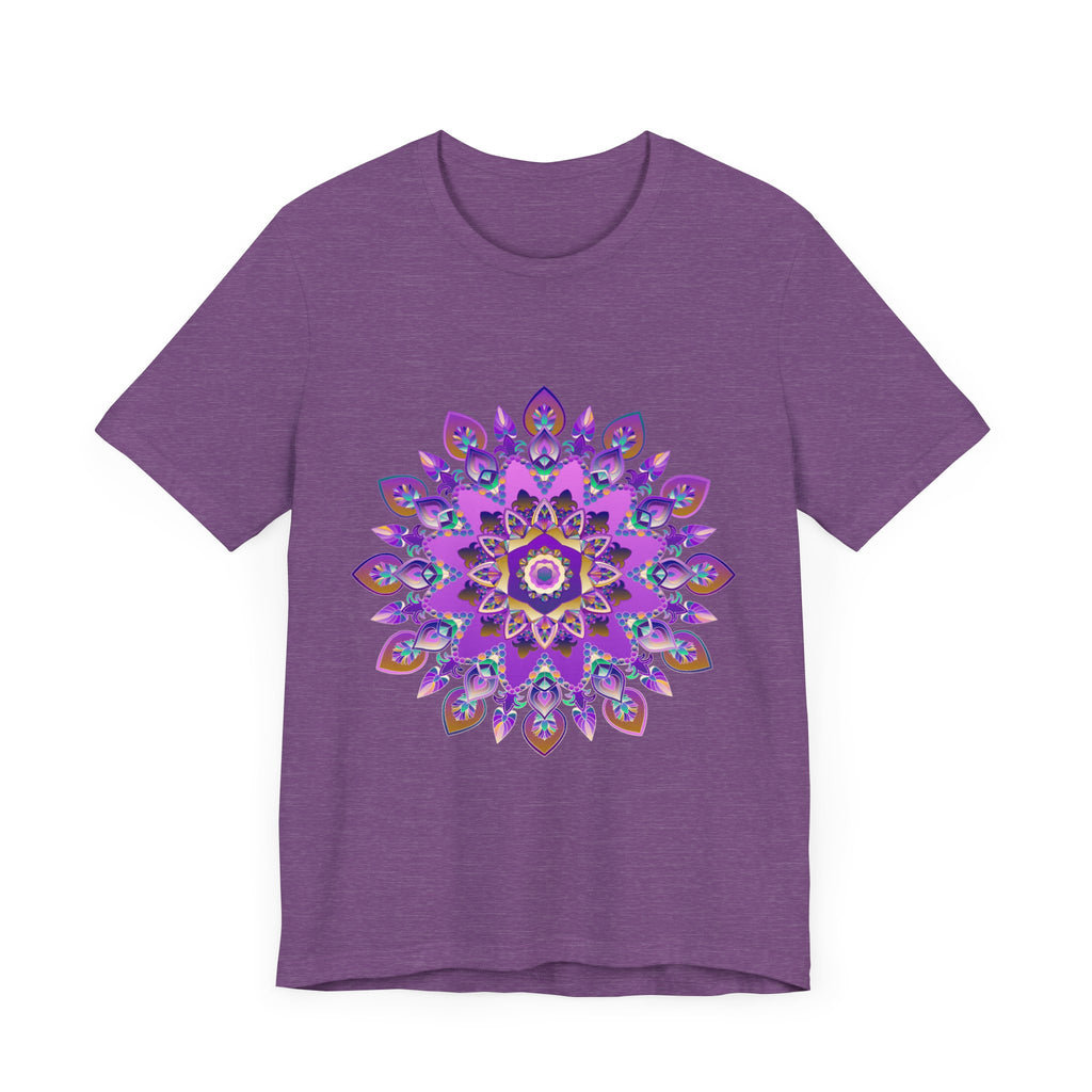 A stylish purple and gold mandala tee featuring intricate spiritual art designs