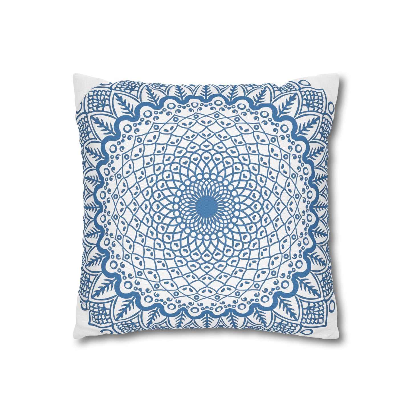 Beautifully Detailed Mandala Art in Steel Blue on White Pillowcase