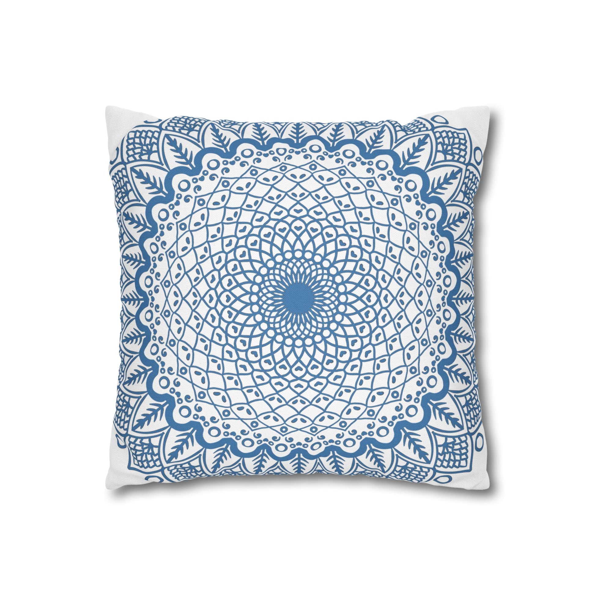 Beautifully Detailed Mandala Art in Steel Blue on White Pillowcase