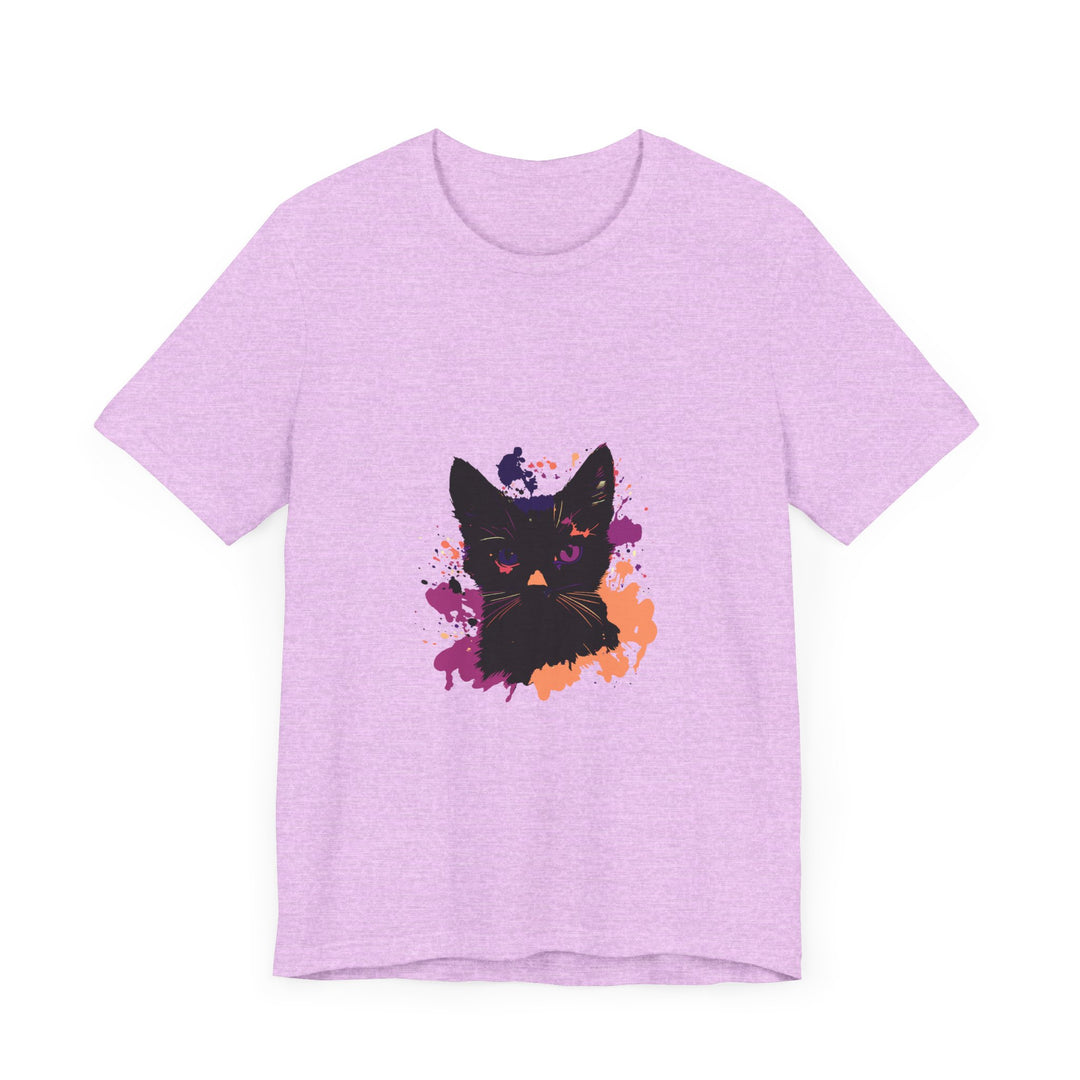 A close-up image of a black cat mystery t-shirt with purple eyes design