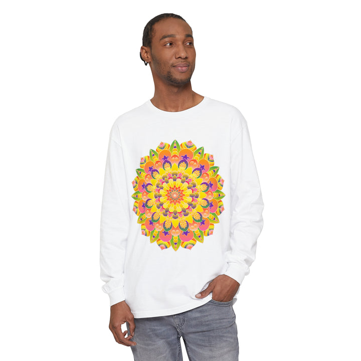 Colorful and intricate mandala design on a long sleeve unisex t-shirt