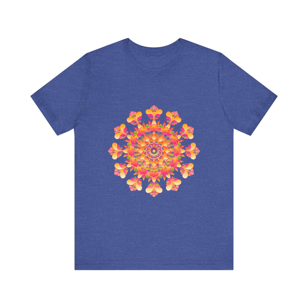 Vibrant Mandala Tee in shades of pink, yellow, orange, and green, featuring intricate geometric patterns and a bold, eye-catching design