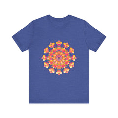 Vibrant Mandala Tee in shades of pink, yellow, orange, and green, featuring intricate geometric patterns and a bold, eye-catching design