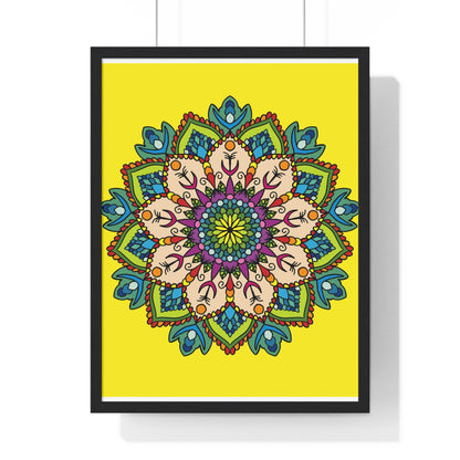 Vertical framed poster of a hand-drawn yellow mandala art, perfect for mindfulness and yoga practice