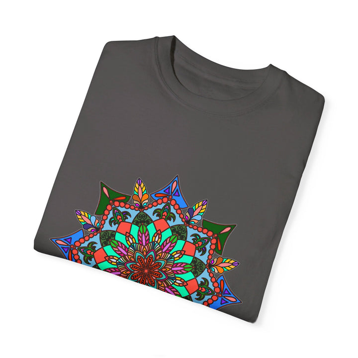 Colorful unisex mandala t-shirt made from 100% ring-spun cotton, hand-drawn mandala art, and garment-dyed for extra comfort