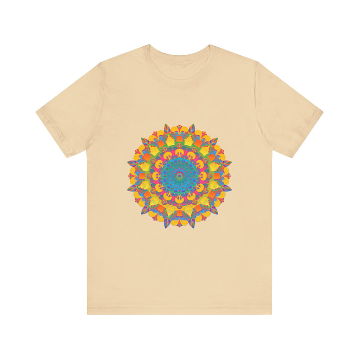 Vibrant Mandala Tee featuring a Colorful Geometric Design in shades of blue, pink, and yellow, perfect for adding a pop of color to your wardrobe